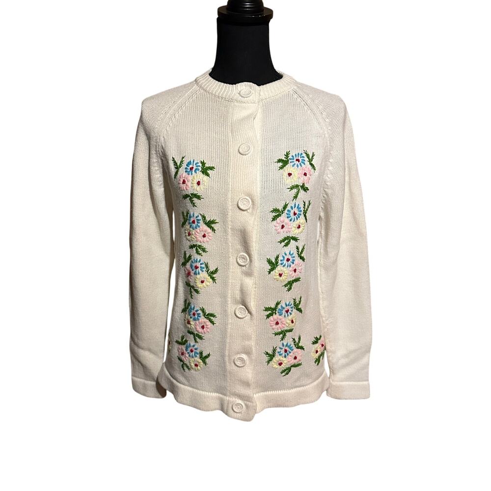 Vintage Cream Floral Embroidered Knit Button Front Cardigan Sweater S/M